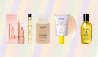 Mini beauty products from Charlotte Tilbury, Yves Saint Laurent, Ouai, Supergoop! and L’Occitane displayed against a pastel striped background.