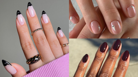 Collage of three minimalist Halloween manicures: black cat-eye French tips, tiny white ghosts on nude nails and glossy oxblood.
